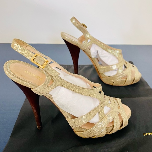 Fendi High Heel Strappy Gold Suede Sandals with Wooden Heel in Size 9 1/2